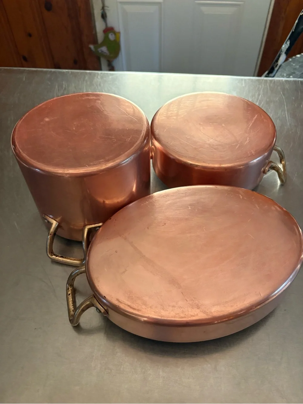 3 Piece Vintage Copper Cookware Brass Handles 2qt 1.5 qt 9 in au gratin